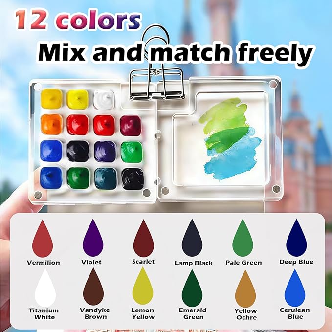 Mini Watercolor Paint Set, Portable Travel Art Kit with 12-Color Paint, 6 Brushes, 2 Sketchbooks & Crossbody Bag - Ideal for Artists & Beginners (transparent acrylic)