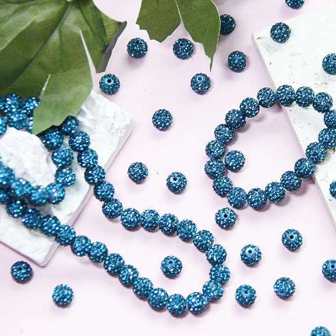 100 Pcs 10mm Rhinestone Beads for Jewelry Making, Ink Blue Shiny Round Shamballa Disco Baseball Necklace Beads Sparkle Crystal Clay Pave Rhinestones Bead for DIY Bracelet Earring Craft Making Supplies