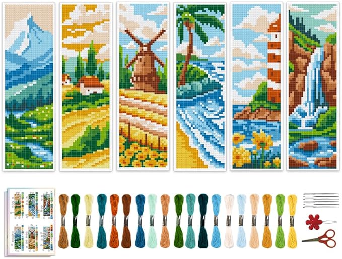 ACRNIGHEET 6pcs Cross Stitch Bookmark Kits, Landscape DIY Cross Stitch Bookmarks, Embroidery Bookmark Cross Stitch Kits with Scenery Pattern, Stamped Cross Stitch Kit Bookmark for Beginners Adults