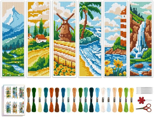 ACRNIGHEET 6pcs Cross Stitch Bookmark Kits, Landscape DIY Cross Stitch Bookmarks, Embroidery Bookmark Cross Stitch Kits with Scenery Pattern, Stamped Cross Stitch Kit Bookmark for Beginners Adults
