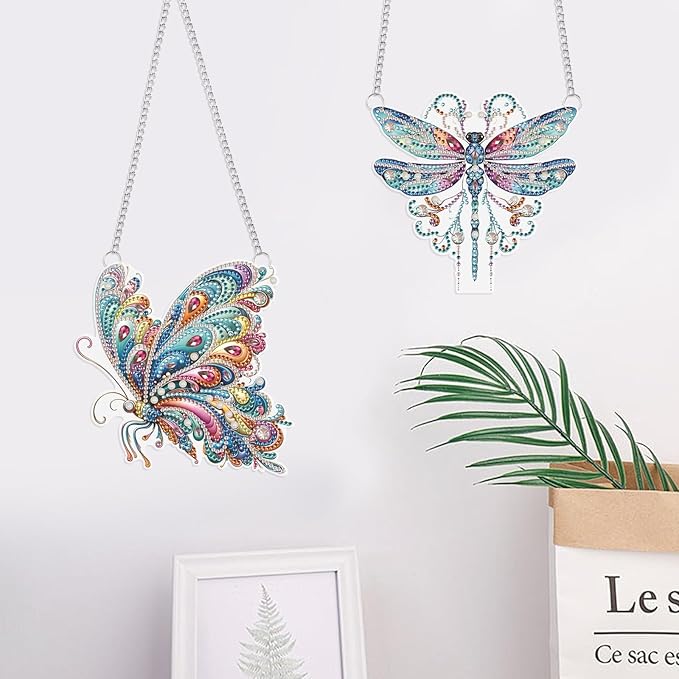 2 Pack Dreamy Dragonfly and Butterfly Diamond Art Pendants Ornaments – 5D Diamond Painting Hanging Decorations with Rhinestones – Acrylic Art Charms for Home, Car, or Gift