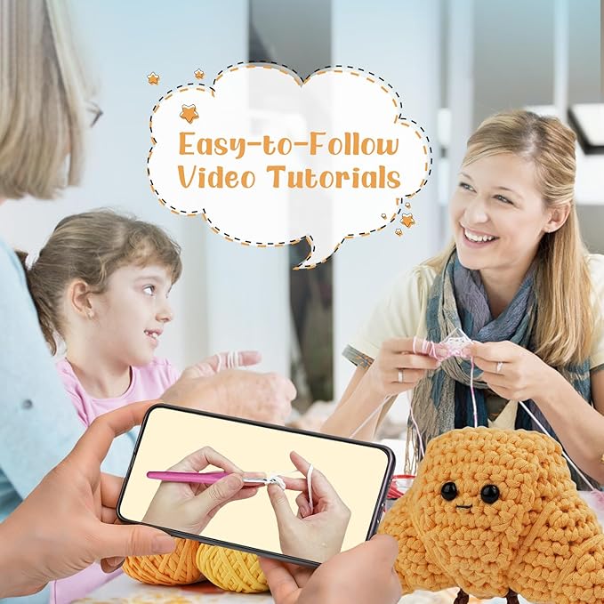 LetCartMaker Beginner Amigurumi Crochet Kit with Video Tutorials - Pizza, Croissant or Dessert Theme | Complete Starter Set for Kids & Adults (Yarn, Hook, Eyes Included) (Pizza & Croissant Set)