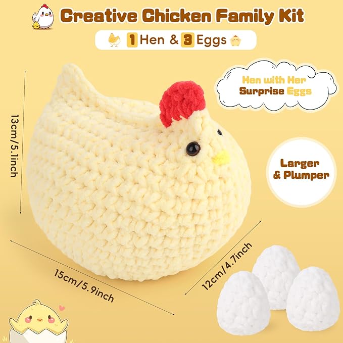 Coopay Crochet Kit for Beginners, Egg-Laying Mama Hen, Easy Chicken Crochet Kit with Step-by-Step Video Tutorial, Cute Crochet Animals Kit for Adults, Easter Gifts, Chenille Yarn, 1 Chicken+3 Eggs