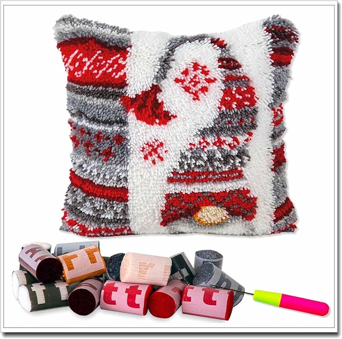 DL-YTG DIY Latch Hook Kits Throw Pillow Christmas Hat Cover Rug Pattern Color Printed Canvas16X16 inch, Crochet Needlework Crafts for Adults
