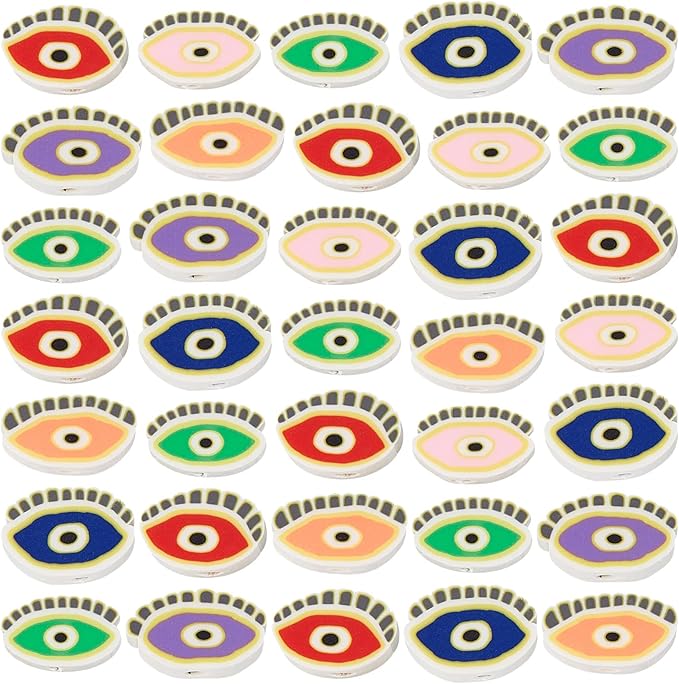 SUNNYCLUE 1 Box 200Pcs Clay Beads Evil Eye Handmade Polymer Clay Evil Eye Beaded Oval Shaped Clay Slices Charm Bead Loose Spacer Beads for Jewelry Making Beading Bracelets Necklace DIY Craft Supplies