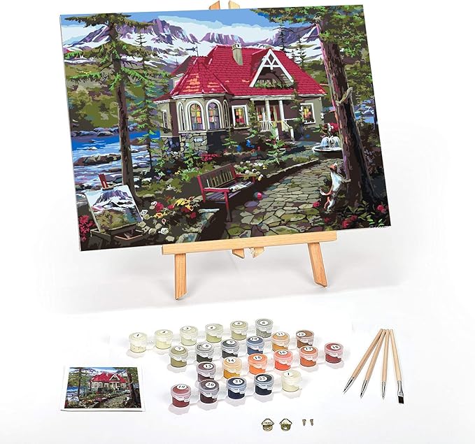 Ledgebay DIY Paint by Numbers Kit for Adults Framed Canvas Beginner to Advanced Paint by Numbers Kit Kits Include Acrylic Paint Set Brushes Tabletop Easel (Countryside House 12"x16" Framed)