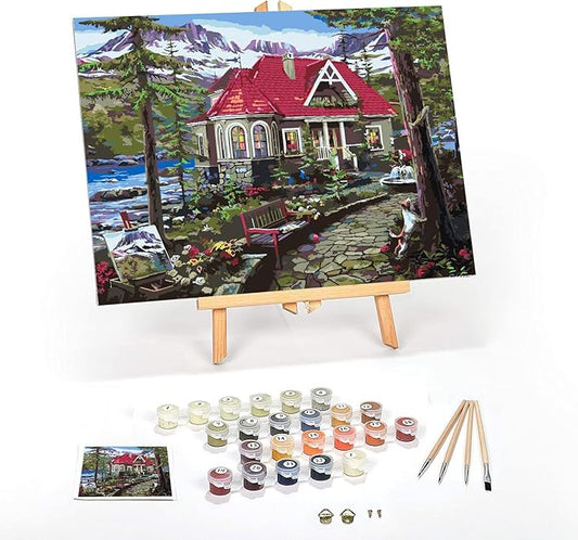 Ledgebay DIY Paint by Numbers Kit for Adults Framed Canvas Beginner to Advanced Paint by Numbers Kit Kits Include Acrylic Paint Set Brushes Tabletop Easel (Countryside House 16"x20" Framed)