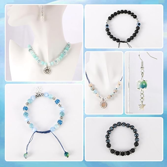 Tunmiok Glass Beads for Jewelry Making Kit with Metal Charms & Crystal String - Includes Spacers, Flower Holders - Bracelet kit, Necklace, Earring Set Supplies for Adults (Blue)
