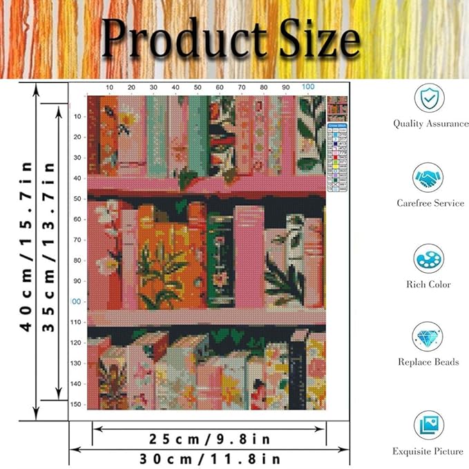 Pink Book Stamped Cross Stitch Kits for Adults - Bookshelf Embroidery Kits for Beginners Adults,11 CT Patterns Dimensions Counted Cross Stitch Kits for Adults Arts Craft 12x16 inch