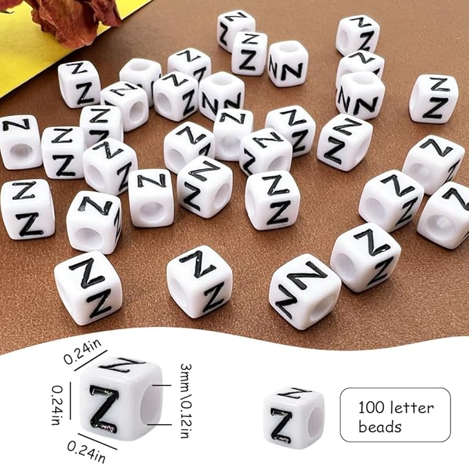 MIIIM 100pcs Pony Beads Letter Z for Keychains Making, 6x6mm Large Hole Square Letter Beads for Bracelets Making, Alphabets, Numbers (White and Black)