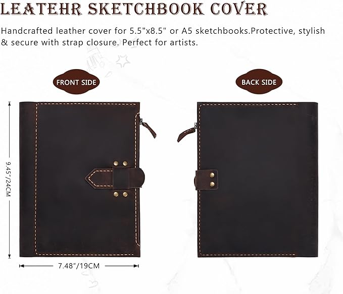Leather Sketchbook Cover for A5/5.5"x8.5" sketch pads - Handmade Genuine Leather Artist Case with Pencil Holder & Zipper Pocket, Professional Drawing Supplies (D.Brown, 5.5"x8.5")