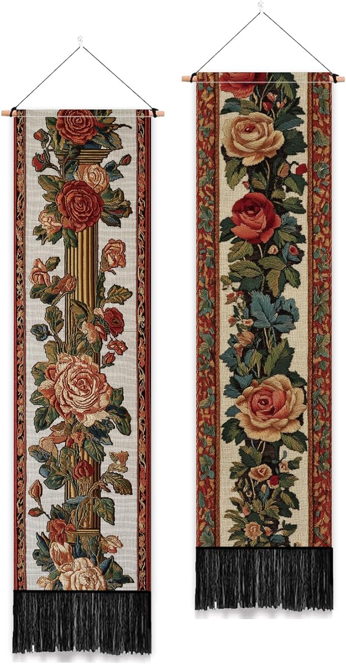 PLIGREAT 2 Pack Vintage Floral Tapestry with Tassels, 52" x 13" Rose Border Vine Aesthetic Wall Hanging Vertical Home Art Tapestry for Bedroom Living Room Bathroom Long Narrow Wall Hanging Art Decor