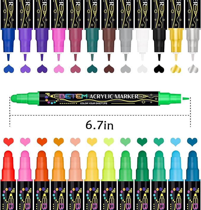 Betem 24 Colors Dual Tip Acrylic Paint Pens Markers, Fabric Decorating Kits Premium Water-Based Acrylic Paint Markers for Fabric, Rock, Wood, Glass, Eggs, Canvas, Ceramic, Easter Basket Stuffers
