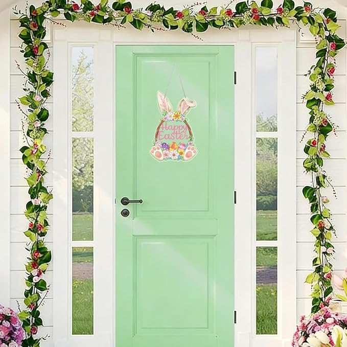 JBTM24 9.8x6.5inch Hanging Diamond Art Pendant Kits, Happy Easter Diamond Painting Hanging Sign with Chain, Special Shaped Crystal Art Ornament (Easter Bunny)