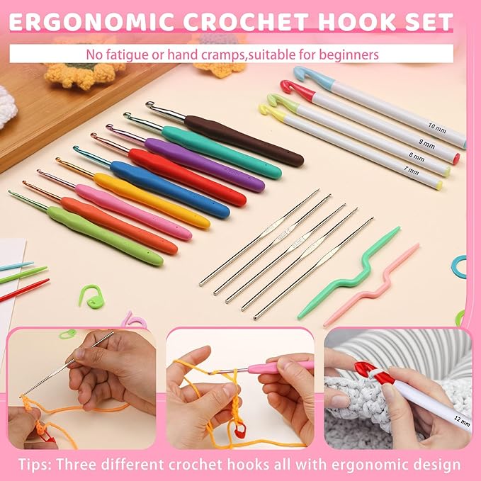 Yizzvb 87 Pcs Crochet Hooks Set, Aluminum Crochet Hooks, Ergonomic Crochet Needles and Stitch Markers, Crochet Needle Kit with Case for Sewing DIY Craft, Extra Long  Knitting Needles