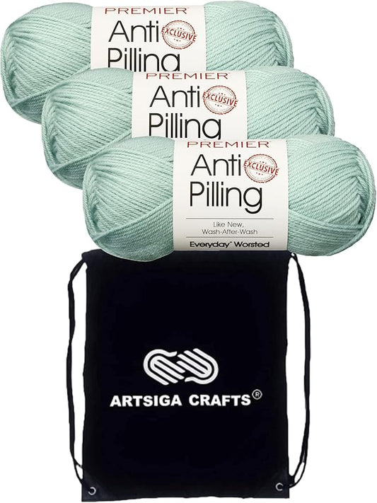 Premier Yarns Everyday Anti-Pilling Solid Spa DN100-51 (3-Skeins - Same Dye Lot) #4 Worsted Weight Acrylic Yarn for Crocheting and Knitting with Project Bag