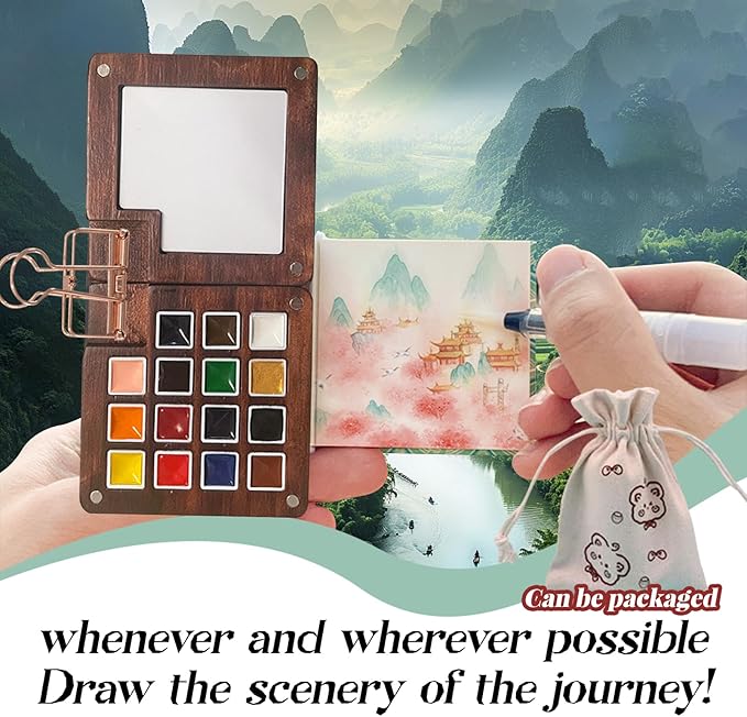 15 Gauge Acrylic Mini Palette, Mini Watercolor Palette Set, Pocket Artist Watercolor Travel Set, Portable Watercolor Palette Box Set with Brushes, Clips, Sketchbook, Paints, Storage Bag (A)