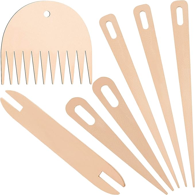 WILLBOND 7 Pieces Wood Hand Loom Stick Set Include 5 Pieces Wood Weaving Crochet Needle with Shuttles Weaving Stick and Weaving Comb for Knitted Crafts DIY