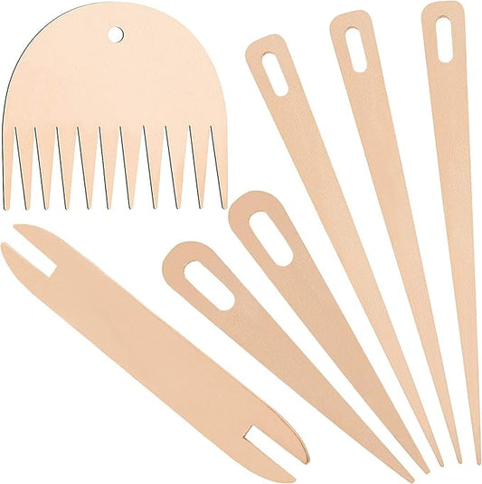 WILLBOND 7 Pieces Wood Hand Loom Stick Set Include 5 Pieces Wood Weaving Crochet Needle with Shuttles Weaving Stick and Weaving Comb for Knitted Crafts DIY
