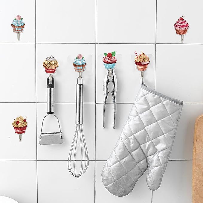 antor 8 Pcs Cupcake Diamond Art Hooks, DIY 5D Crystal Rhinestone Adhesive Wall Hangers, Cute Diamond Painting Hooks for Keys, Towels, Hats, Lightweight Clothes & Home Decoration