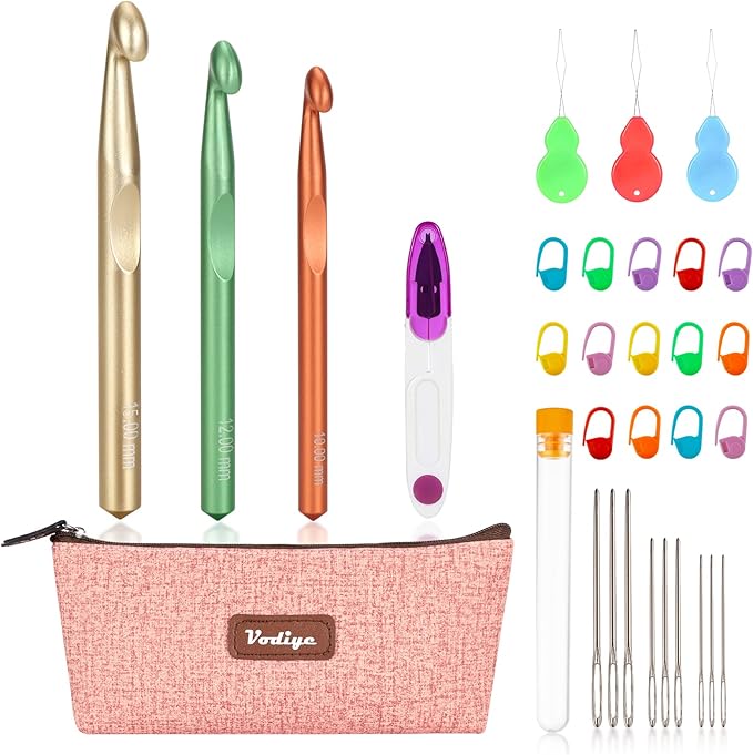 vodiye 3 sizes large crochet hooks 10-15mm, ergonomic crochet hook set, colorful metal hooks for chunky yarn and diy crafts