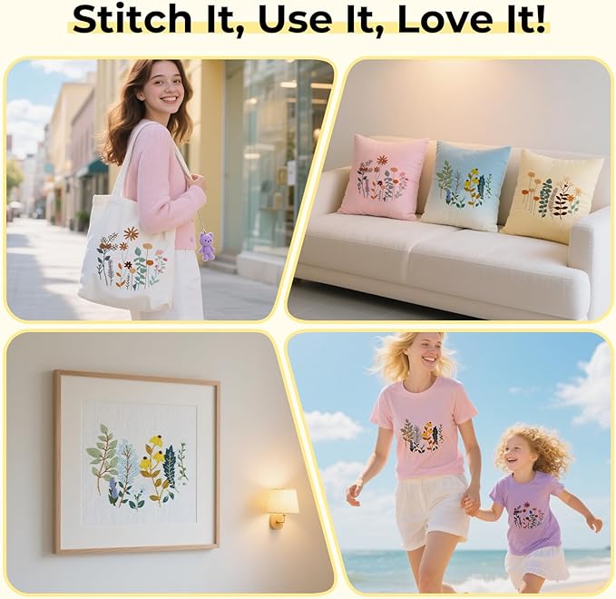 htvront embroidery kit for beginners- 3 pcs needlepoint kits for adults with step by step video, flower beginner embroidery kit for adults, pre-printed patterns for gift for women