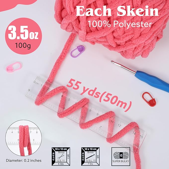 WSICSE Chenille Fluffy Yarn, Thick Chunky Blanket Yarn for Crocheting Plush Soft Yarn for Knitting Blanket DIY Valentines Day Gifts, 6×100g Each 3.5 oz 55 Yards(White/Pink)