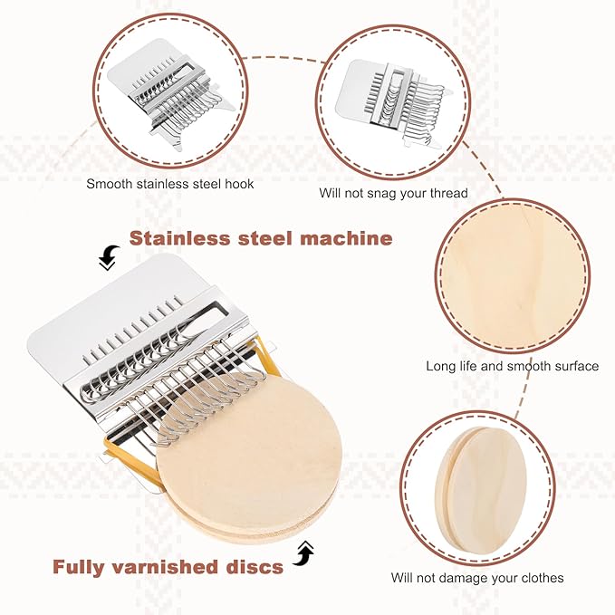 MECCANIXITY Mini Darning Loom, 12 Hooks Wood Weaving Knitting Machine with Knitting Needles for Repair Jeans Socks DIY Craft, Knit Patch Loom Weave Tool, Silver