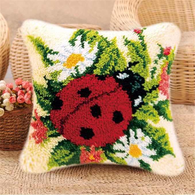 LAPATAIN Latch Hook Kits for DIY Throw Pillow Cover,Needlework Cushion Cover Hand Craft Crochet for Great Family 17X17inch Ladybug(Green LA113)
