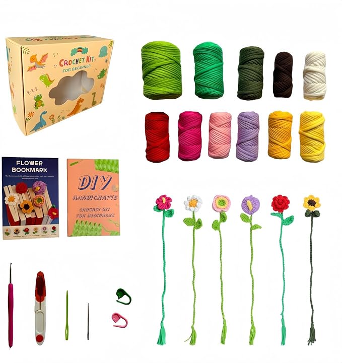 FJ Four Joys Crochet Kit for Beginners with Yarns, Hooks and Step-by-Step Video Tutorials, 6 Flower Bookmarks Beginner Crochet Kit for Adults, Craft Kit and Gift for Teenagers
