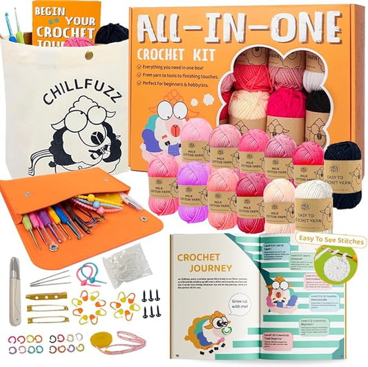 ChillFuzz Crochet Kit for Beginners 85 Piece Complete Crochet Set with Yarn, Hooks, Pattern Book – Beginner Crochet Kit for Adults & Kids with Tutorials, Christmas Gift for Craft Lovers Pink Purple