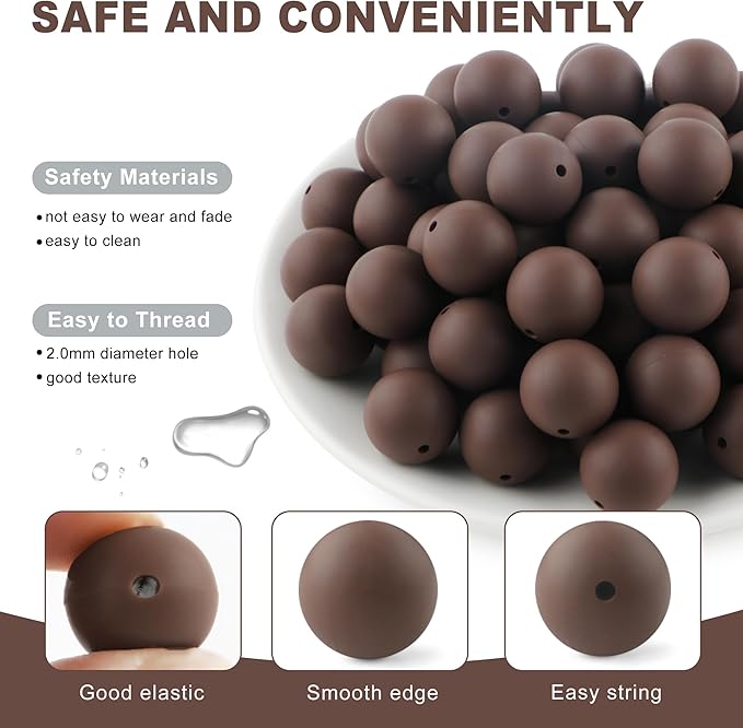 65Pcs 19mm Silicone Beads for Keychain Making Bracelet Necklace, Bulk Round Silicone Beads for Pens（Chocolate）