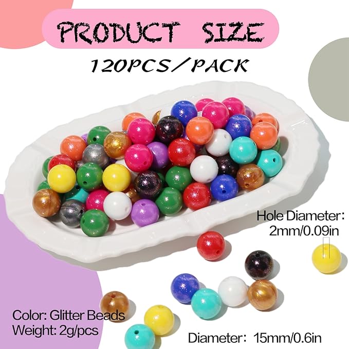 120pcs Richbunnys 15mm Bulk Silicone Beads for Pens and Keychain Making,Large Bead for Necklace and Bracelets Making,Assorted Rubber Beads Set(Print Glitter)