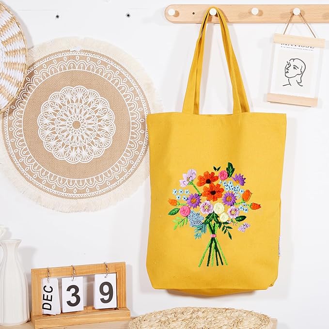 Canvas Tote Bag Embroidery Kit with Pattern for Beginners, Arts and DIY Embroidery Crafts Kits for Adults, Instructions, thimble, Embroidery Hoops, Color Threads (yellow, CR002 zhaolufanhua)