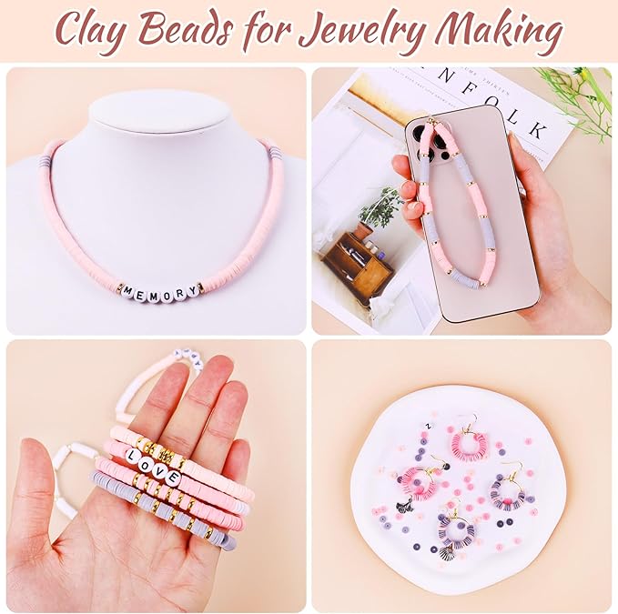 Wuollgess 3500 PCS Pink Gray Clay Beads for Bracelet Making Kit, Polymer Heishi Beads for Jewelry Making, Friendship Bracelet Kit for Adults, Spacer Letter Beads for Necklace Earring DIY