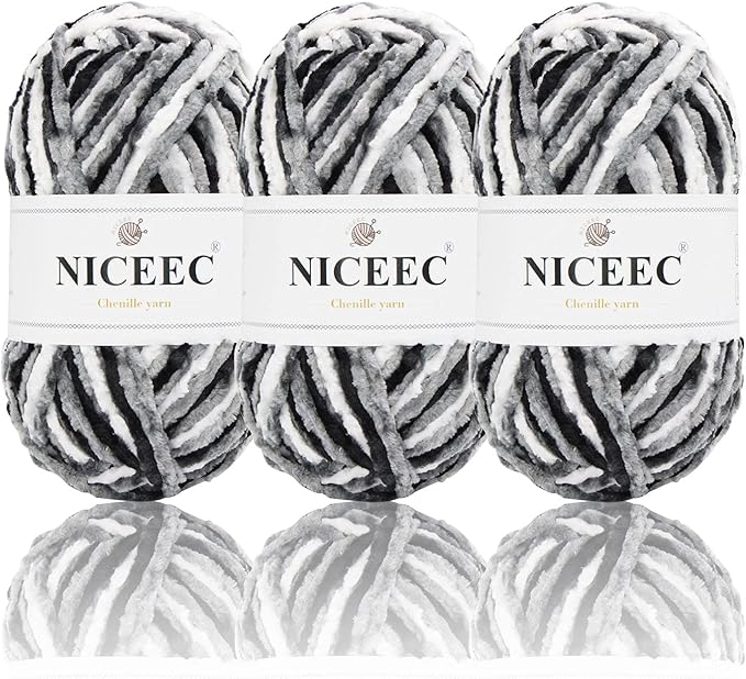NICEEC 3 Skeins Soft Chenille Yarn Blanket Yarn for Knitting Fancy Yarn for Crochet Weaving DIY Craft Total Length 3×85m (3×93yds, 3×50g)_Black White Gray
