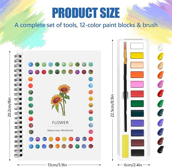 GlisDyck Watercolor Workbook for Beginners, Water Color Paint Book Set with Paints & Brush, 12 Beautiful Flower Patterns of Original DIY Designs, Relaxing & Creative & Joy Adult Coloring Books
