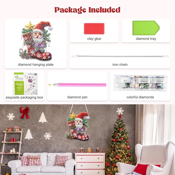 RICUVED Christmas Hanging Diamond Art Kit for Adults, Gnome Special Shaped Crystal Gem Craft Boots Diamond Painting Pendant Kit for Beginners, DIY Hanging Acrylic Art Ornament for Home Garden Decor