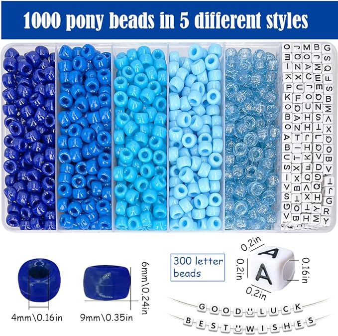 MIIIM 1300 Pcs Pony Beads Kit for Friendship Bracelet, 6 Styles Kandi Bracelet Kit in Box with Individual Compartments, Hair Beads for Braids, Letters (Blue Shades)