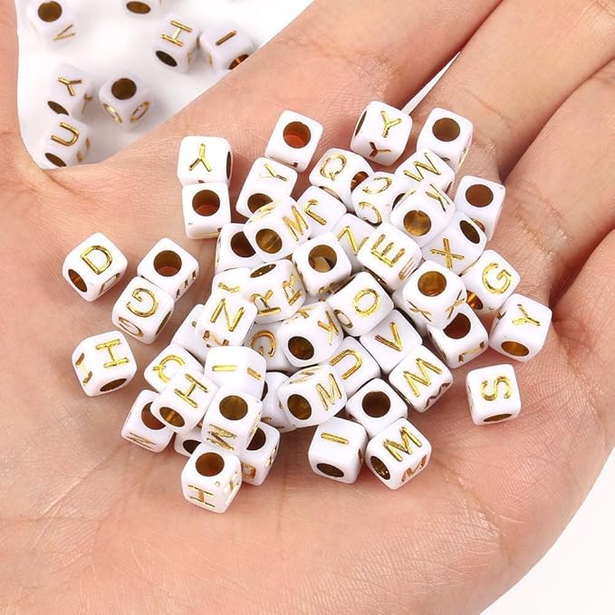 Acrylic Letter Beads Alphabet Gold Letters White Cube Bead, 6×6mm 900pcs, Friendship Bracelets Letters Beads Jewelry Making Bulk