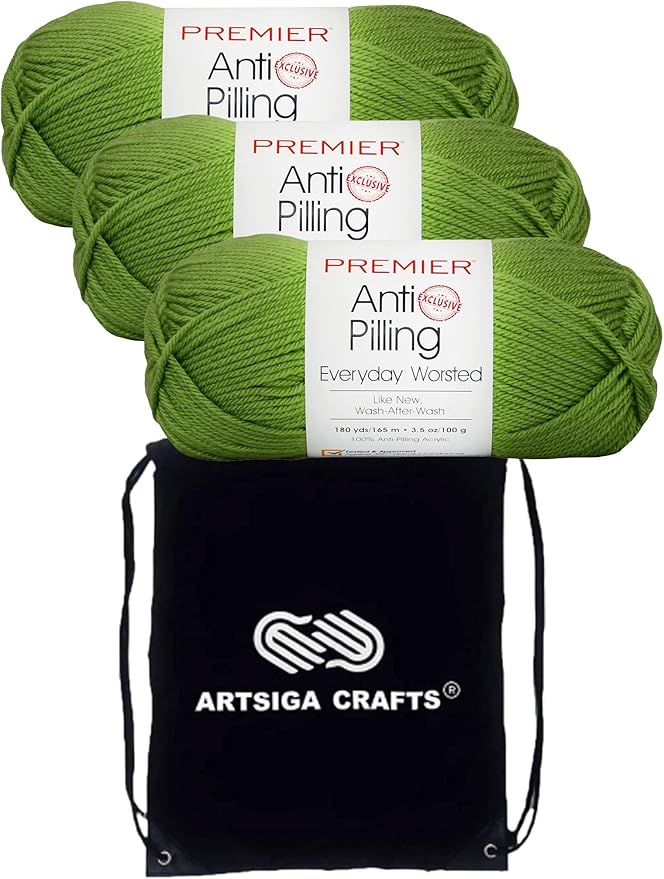 Premier Yarns Everyday Anti-Pilling Solid Green Apple DN100-82 (3-Skeins - Same Dye Lot) #4 Worsted Weight Acrylic Yarn for Crocheting and Knitting with Project Bag
