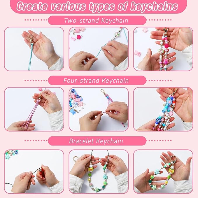 Wurosi 865 Pcs Bead Keychain Kit, DIY Bead Keychain Making Kit, Bag Charm Kit with Acrylic Heart Flower Alphabet Beads Key Chain Supplies for Jewerly Making Kit
