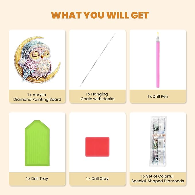 MXJSUA Moon Owl Diamond Art Hanging Kits for Adults Beginners, Crystal Diamond Suncatchers, Special Shape Diamond Painting Pendant Window Ornament Gifts for Home Garden Door Wall Decor