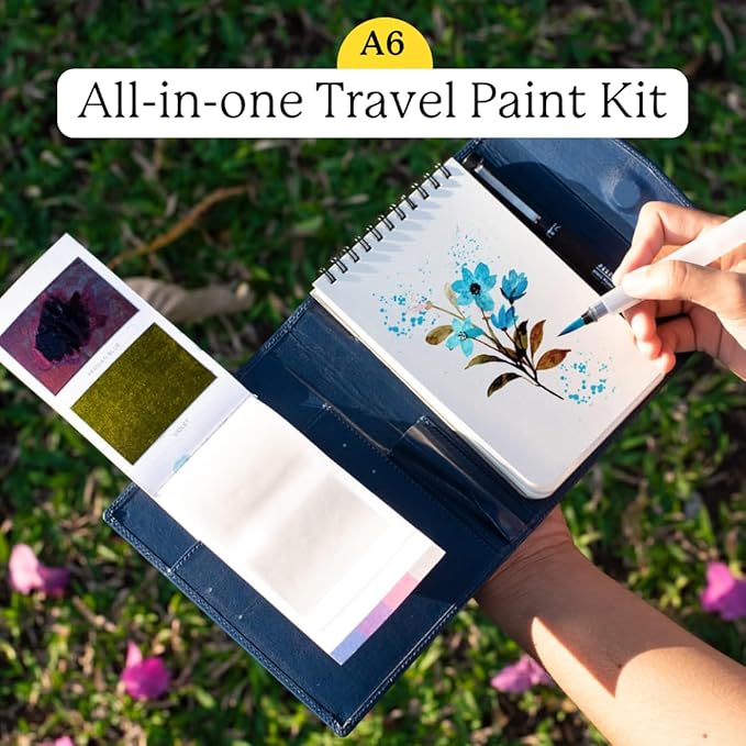 Viviva Colors A6 Travel Paint Set – Portable Watercolor Kit with 16 Colors, A6 Sketchpad, Leather Case, Waterbrush & Marker – Fun, Vibrant, Portable Travel Art Kit for Adults & Kids