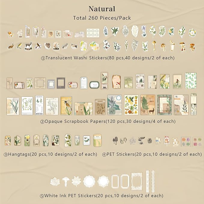 Teniinet 260 PCS Vintage Scrapbooking Supplies Aesthetic Journaling Kit,Large Collection for Bullet Junk Journals,Arts Craft Collage,Ephemera Adults,Beginners,Girls Teenage School Style(Natural)