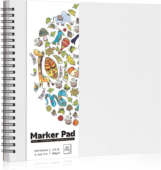 135lb/200gsm Marker Paper Pad, 8.3×8.9in Double Sided Bleedproof Sketch Pad, 30 Sheets Art Paper Spiral Sketchbook, Smooth Painting Coloring Alcohol Marker Paper for DIY, Gift