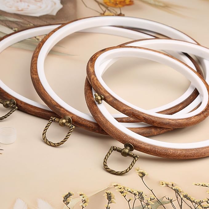 joyangy 5 pcs 5 inch embroidery hoops, round imitated wood cross stitch hoop rings for art craft sewing, circle display frame kits for embroidery handy diy ornaments decoration