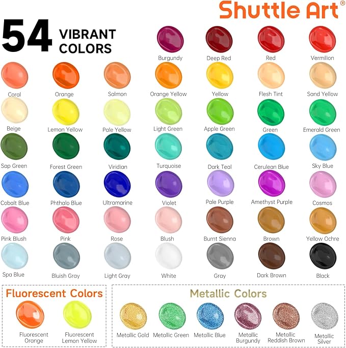 54 Colors Acrylic Paint, Shuttle Art Acrylic Paint set with 12 Paint Brushes, 2oz/60ml Bottles, Rich Pigmented, Water Proof, Premium Paints for Artists, Beginners and Kids on Canvas Rocks Wood Ceramic