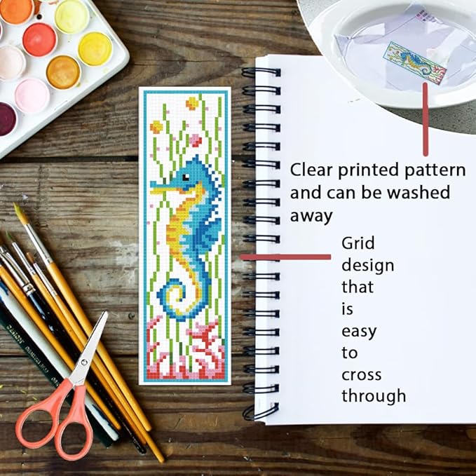 ORIGACH 6 Set Marine Animals Cross Stitch Bookmark Kit for Beginner with Backing Felt Floss Instructions DIY Stamped Embroidery Bookmark Kit for Adults, Book Lovers
