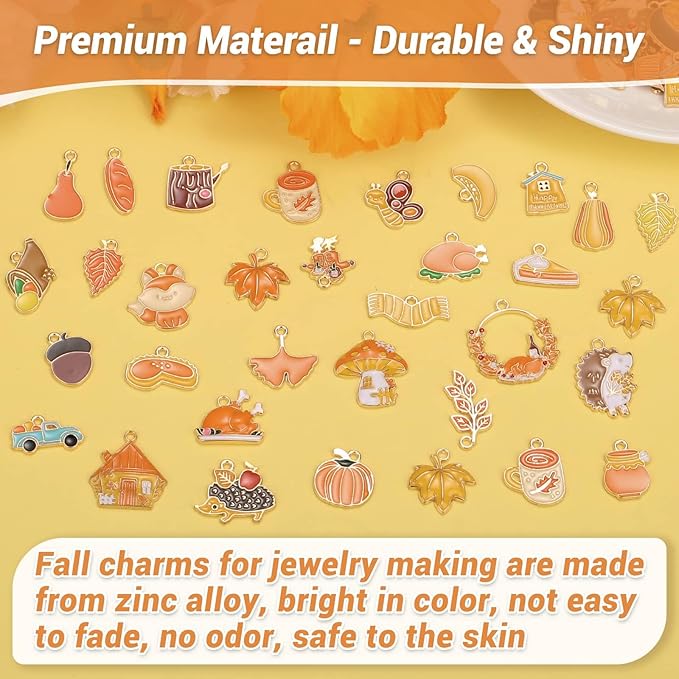 100Pcs 50 Pairs Fall Charms for Jewelry Making and Bracelets, Thanksgiving Autumn Charms Gold Enamel Jewelry Pendants for Earring Bracelet Necklace Crafts Making